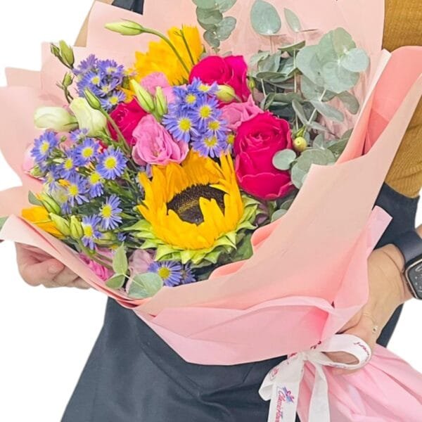 Bright Bliss: Hot Pink Roses, Sunflowers, and Lisianthus Arrangement