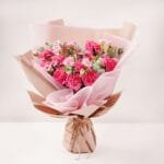 Birthday Wish Carnations Bouquet: 10 Dark Pink Carnations, 5 Light Pink Spray Carnations, 2 Eucalyptus Stems | Beautifully Wrapped, Jute Tie