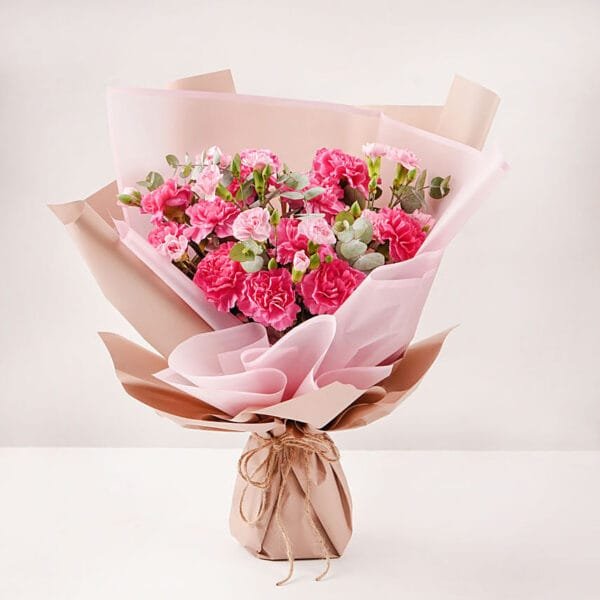 Birthday Wish Carnations Bouquet: 10 Dark Pink Carnations, 5 Light Pink Spray Carnations, 2 Eucalyptus Stems | Beautifully Wrapped, Jute Tie