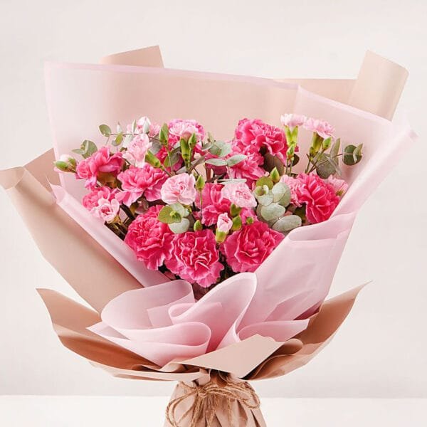 Birthday Wish Carnations Bouquet: 10 Dark Pink Carnations, 5 Light Pink Spray Carnations, 2 Eucalyptus Stems | Beautifully Wrapped, Jute Tie