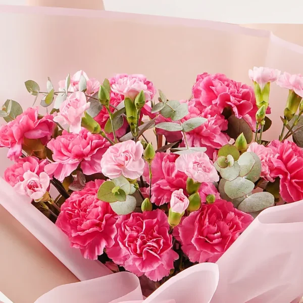 Birthday Wish Carnations Bouquet: 10 Dark Pink Carnations, 5 Light Pink Spray Carnations, 2 Eucalyptus Stems | Beautifully Wrapped, Jute Tie
