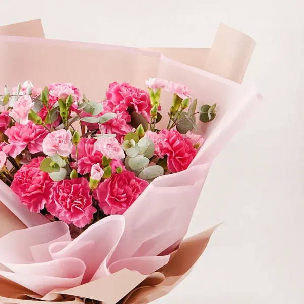 Birthday Wish Carnations Bouquet: 10 Dark Pink Carnations, 5 Light Pink Spray Carnations, 2 Eucalyptus Stems | Beautifully Wrapped, Jute Tie