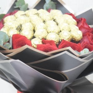 Bouquet of Red Roses, Eucalyptus, and Ferrero Rocher Delight - Elegant Gift of Indulgence