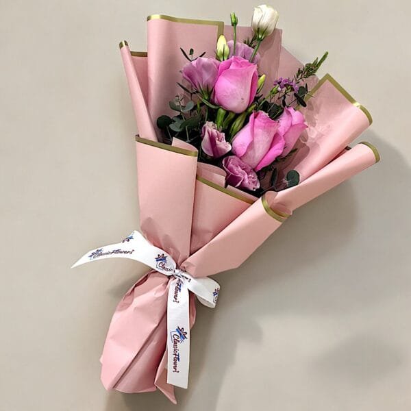 Blushing Elegance: Revival Roses with Lisianthus and Eucalyptus