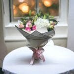 Delicate Pink & White Elegance Bouquet: White Lilies, Pink Roses, Hydrangea, Lisianthus, Hypericum | White Wrap, Pink Ribbon