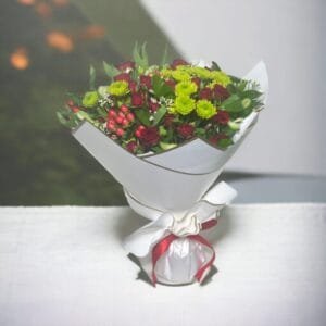 Elegant Blossom Medley: Spray Rose, Chrysanthemum, Alstroemeria, Hypericum in White and Red