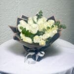 Serenity White Rose Medley: 20 Roses with Touch of Eucalyptus in Black and White