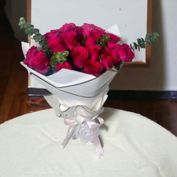Hot Pink Dream: 20 Hot Pink Roses with Eucalyptus in White and Pink