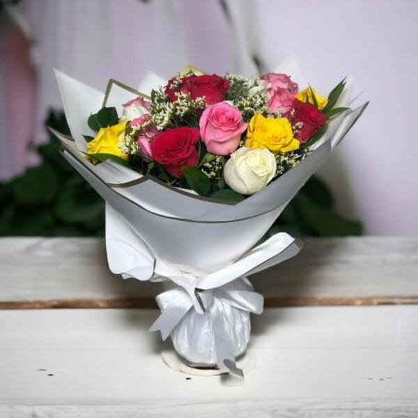 Enchanting Rose Harmony: Pink, Red, Yellow, and White Roses with Limonium White