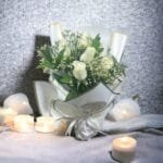 Pure White Rose Bouquet: 6 White Roses with Limonium & Ruscus | White Wrap, White Ribbon