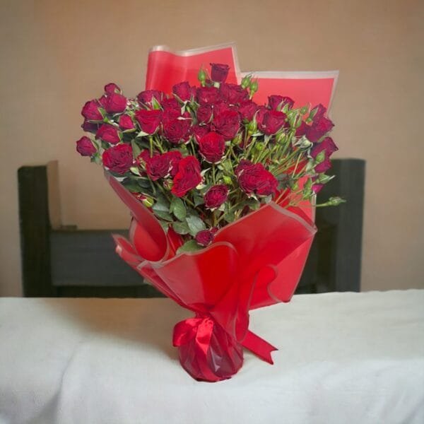 Chic Red Spray Rose Elegance: 20 Sprays in Red Wrap & Ribbon