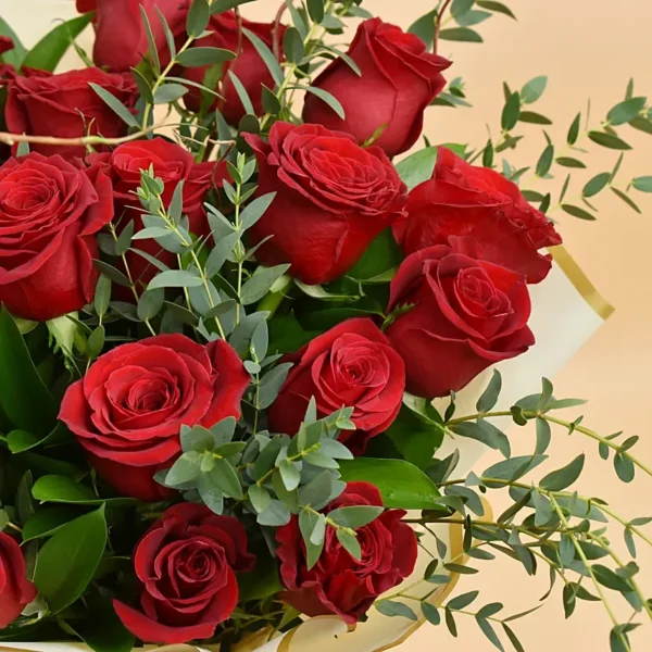 Mesmerizing Red Roses: A Bouquet of 20 - Stunning Red Roses with Green Ruscus and Eucalyptus Fillers