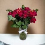 Sizzling Red Rose Serenade: Classic Bouquet with 12 Roses, Hypericum, and Eucalyptus | Elegant Cylinder Vase