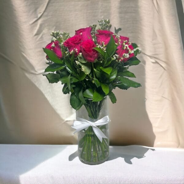 Blushing Romance Bouquet: Classic Arrangement with 12 Roses, Limonium, and Ruscus | Elegant Cylinder Vase