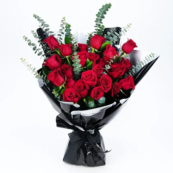 Passionate Blooms: Exquisite Bouquet of 24 Red Roses with Eucalyptus Leaves