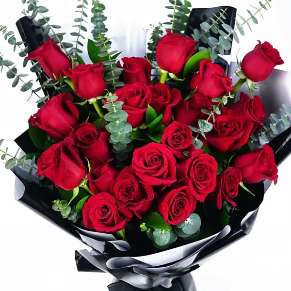 Passionate Blooms: Exquisite Bouquet of 24 Red Roses with Eucalyptus Leaves