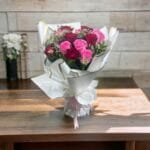Red & Pink Rose Bouquet: 6 Red, 6 Pink Roses with Limonium & Ruscus | White Wrap, Pink Ribbon