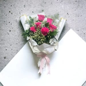 Hot Pink Rose Delight: 6 Hot Pink Roses with Limonium & Ruscus | White Wrapping, Pink Ribbon
