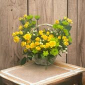 Sunny Basket: Classic Basket Arrangement with Yellow Roses, Green Chrysanthemums & Hypericum