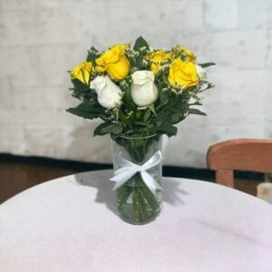 Sunshine Serenity Bouquet: Yellow & White Roses in Cylinder Arrangement | Classic Elegance