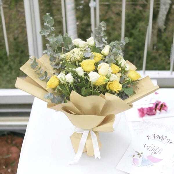 Sunlit Symphony Bouquet: Classic Freestyle with Roses and Eucalyptus
