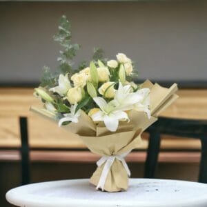 Luminous Harmony: Classic Freestyle Bouquet with Lily, Creme Rose, and Spray Rose in Brown and White