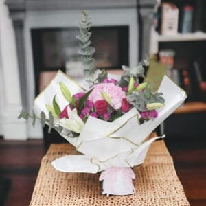 Classic Freestyle Bouquet: Lily, Rose, Hydrangea, and Spray Rose in Brown and White