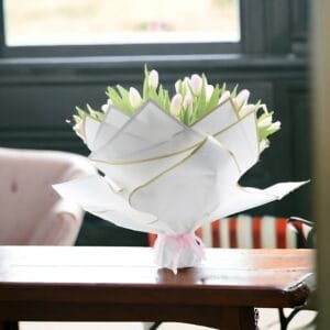 Pink Promise: 30 Tulip Bouquet in White Wrap and Pink Ribbon