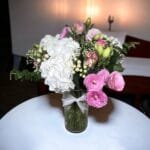 Elegant Revival Radiance Bouquet: Sweet Revival, Hydrangea, Lisianthus, Hypericum in Cylinder Vase with Ribbon