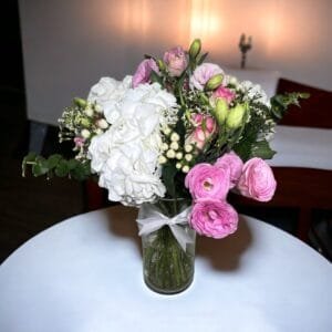 Elegant Revival Radiance Bouquet: Sweet Revival, Hydrangea, Lisianthus, Hypericum in Cylinder Vase with Ribbon