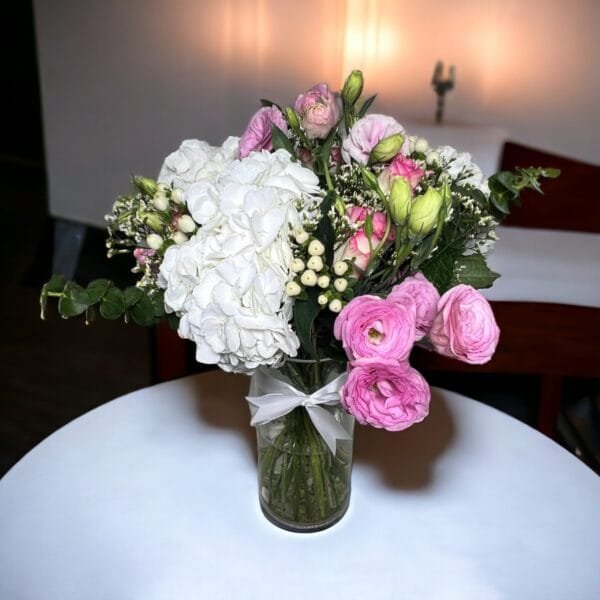 Elegant Revival Radiance Bouquet: Sweet Revival, Hydrangea, Lisianthus, Hypericum in Cylinder Vase with Ribbon