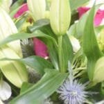 Mixed Floral Delight: Lilies, Hot Pink Roses, Chrysanthemum & Eryngium in White and Pink