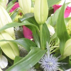 Mixed Floral Delight: Lilies, Hot Pink Roses, Chrysanthemum & Eryngium in White and Pink