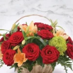 Basket of Love: 15 Red Roses, 3 Orange Asiatic Lilies, Green Delistar in Handle Basket