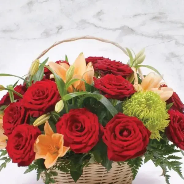 Basket of Love: 15 Red Roses, 3 Orange Asiatic Lilies, Green Delistar in Handle Basket