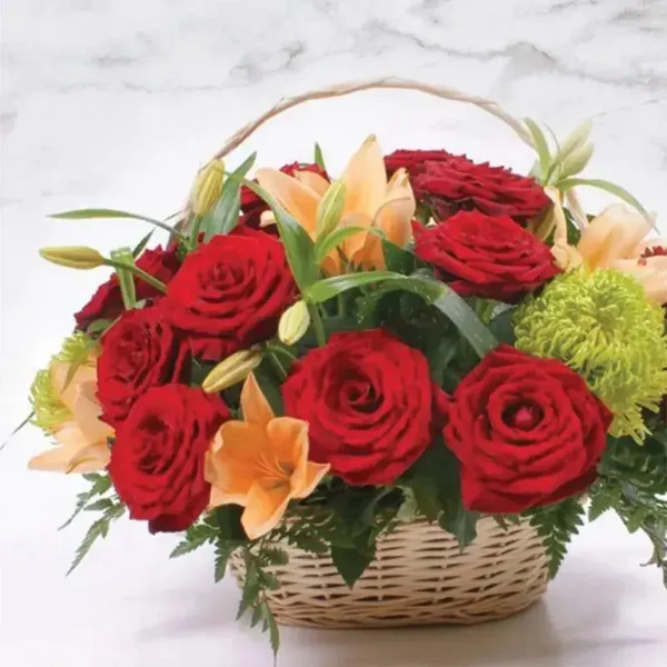 Basket of Love: 15 Red Roses, 3 Orange Asiatic Lilies, Green Delistar in Handle Basket