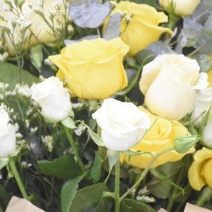 Sunlit Symphony Bouquet: Classic Freestyle with Roses and Eucalyptus