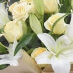 Luminous Harmony: Classic Freestyle Bouquet with Lily, Creme Rose, and Spray Rose in Brown and White