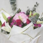 Classic Freestyle Bouquet: Lily, Rose, Hydrangea, and Spray Rose in Brown and White