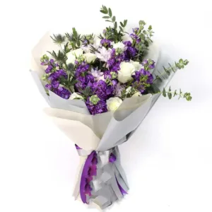 Character Bouquet: Purple Stock Flowers, White Roses, Pink Chrysanthemums, Eryngium | Ribbon Bow Wrap