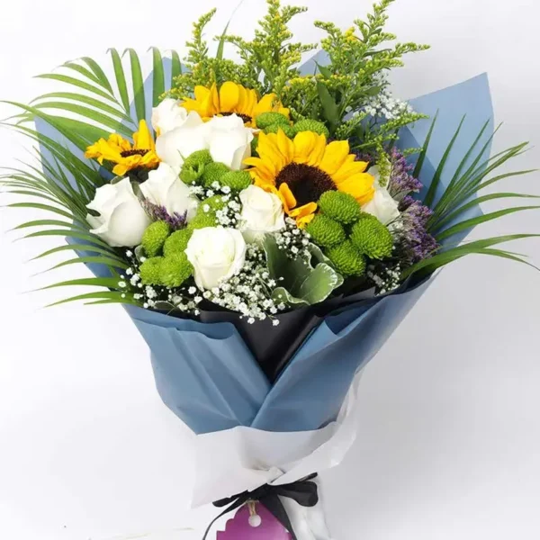Charisma Bouquet: Sunflowers, White Roses, Green Button Chrysanthemums, Solidaster | Ribbon Bow Wrap