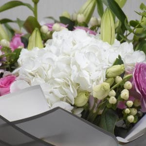 Delicate Pink & White Elegance Bouquet: White Lilies, Pink Roses, Hydrangea, Lisianthus, Hypericum | White Wrap, Pink Ribbon