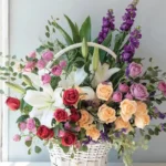 Fairy Spirit Basket: Red, Peach, and Purple Spray Roses, Oriental Lilies, Matthiola