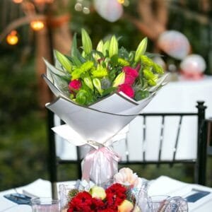 Mixed Floral Delight: Lilies, Hot Pink Roses, Chrysanthemum & Eryngium in White and Pink