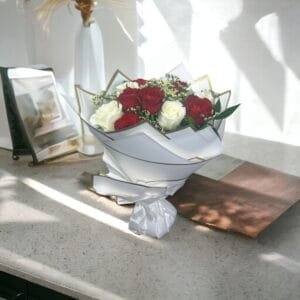 Classic Mixed Roses Bouquet: 6 White, 6 Red Roses with Limonium & Ruscus | White Wrapping, White Ribbon