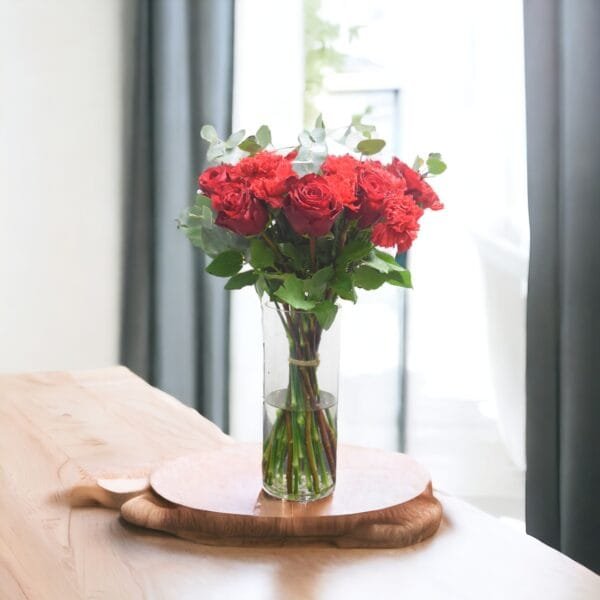 Red Promise: Classic Red Rose and Carnation Bouquet in Cylinder Vase