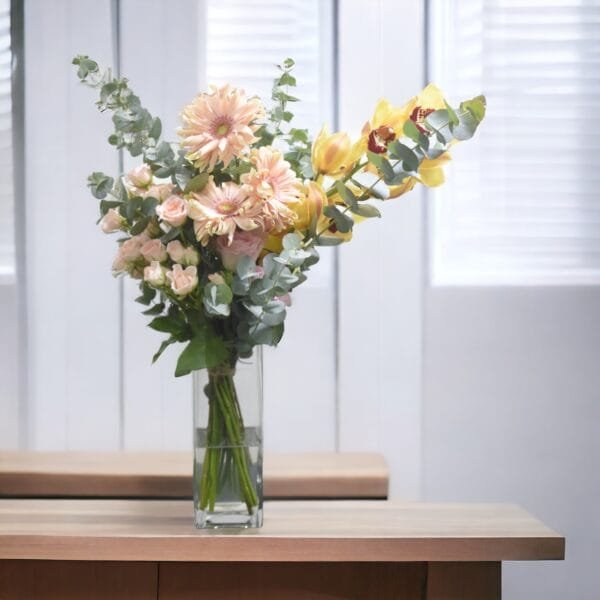Elegant Garden: Cymbidium and Rose Pink Vase Arrangement with Eucalyptus and Gerbera