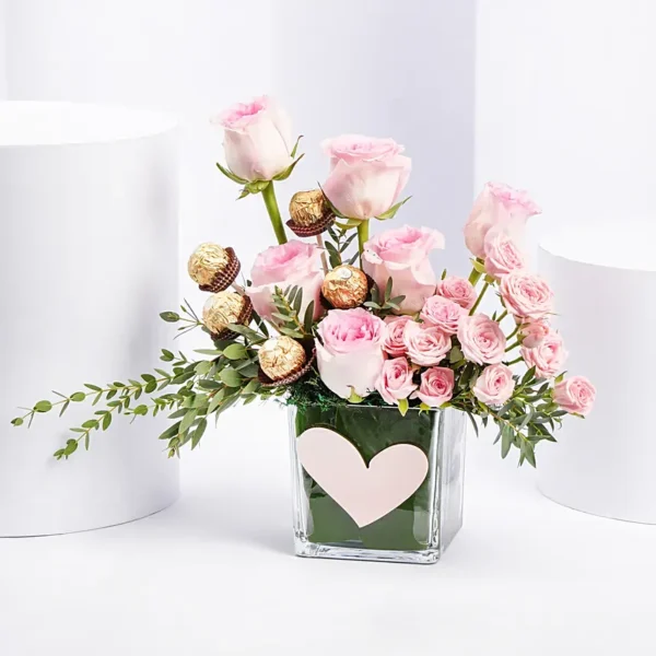 Gentle Pink Roses And Rochers | Sweet Indulgence Bouquet