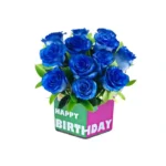 Smashing Birthday Joy: Vibrant Flowers Arrangement - Blue Tinted Roses, Green Ruscus Leaves, Square Glass Vase
