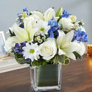 Healing Sorrow: Blue and White Floral Comfort | White Oriental Lilies, Roses, Carnations, Delphinium, Chrysanthemums"